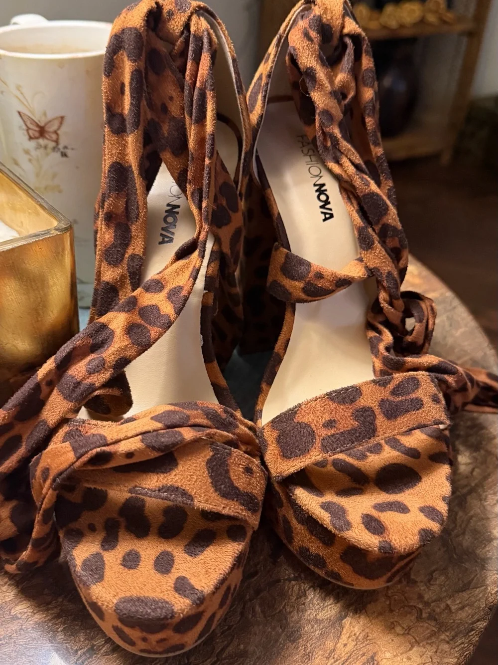 Fashion Nova Leopard Print Platform Lace-Up Heels - Brown